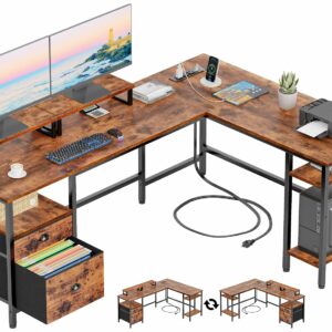 Furologee 66” L Shaped Desk with Power Outlet, Reversible Computer Gaming Desk with File Drawer & 2 Monitor Stands for Home Office with Storage Shelves, Rustic Brown