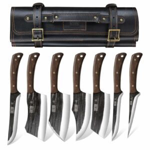 HOSHANHO Butcher Knife Set, Hand Forged Butcher Chef Knife Set with Roll Bag, Sharp Meat Cleaver Knife & Bone Chopper Knives & Fillet Knives for Home & Camping & BBQ Gift for Men